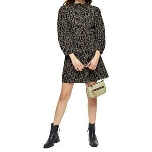 TOPSHOP Tiny Front Pleats Long Sleeve Mini Dress Sz 12 in Black Floral Multi NWT